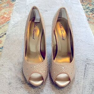 Rose gold platform pumps with rhinestones
